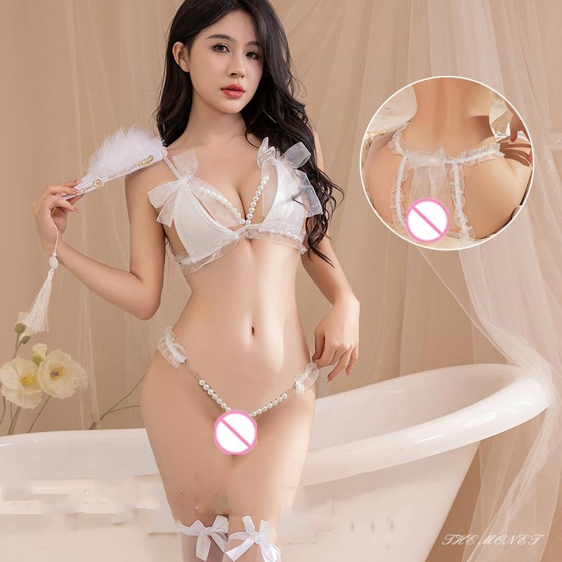 Sexy lingerie Tight lace mesh suspender deep v pearl fetish latex sexy women call of the night Underwear women set Sex shop xxx