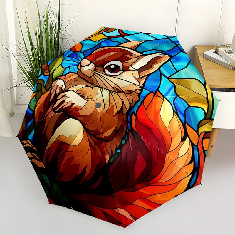 1 Stück Buntglas Eichhörnchen Design Automatisches Aufklapp-Regenschirm mit 8-Speichen-Eisenrahmen, Geeignet für Fans, Reisen, Tägliche Nutzung und Geschenke - Outdoor