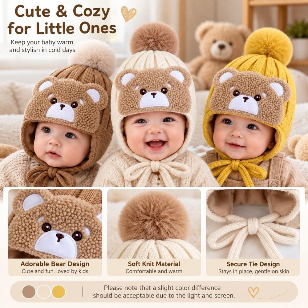 Windproof Kids Pom Pom Beanie Fleece Lined Winter Earflap Cap Cute Baby Knitted Hat Winter