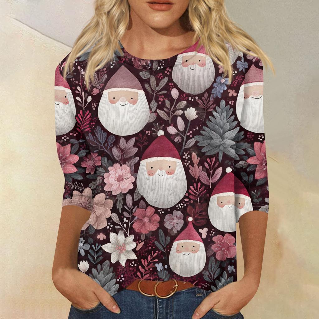 Women's Fashion Casual Round Neck Three-quarter Sleeve Christmas Print T-shirt Top