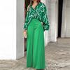 2Pcs/Set Simple Lapel Leaves Print Shirt Long Pants Set Long Sleeve High Waist