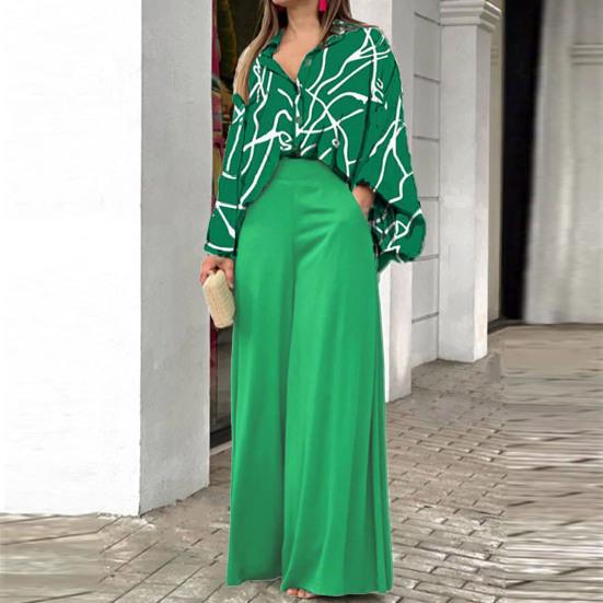 2Pcs/Set Simple Lapel Leaves Print Shirt Long Pants Set Long Sleeve High Waist