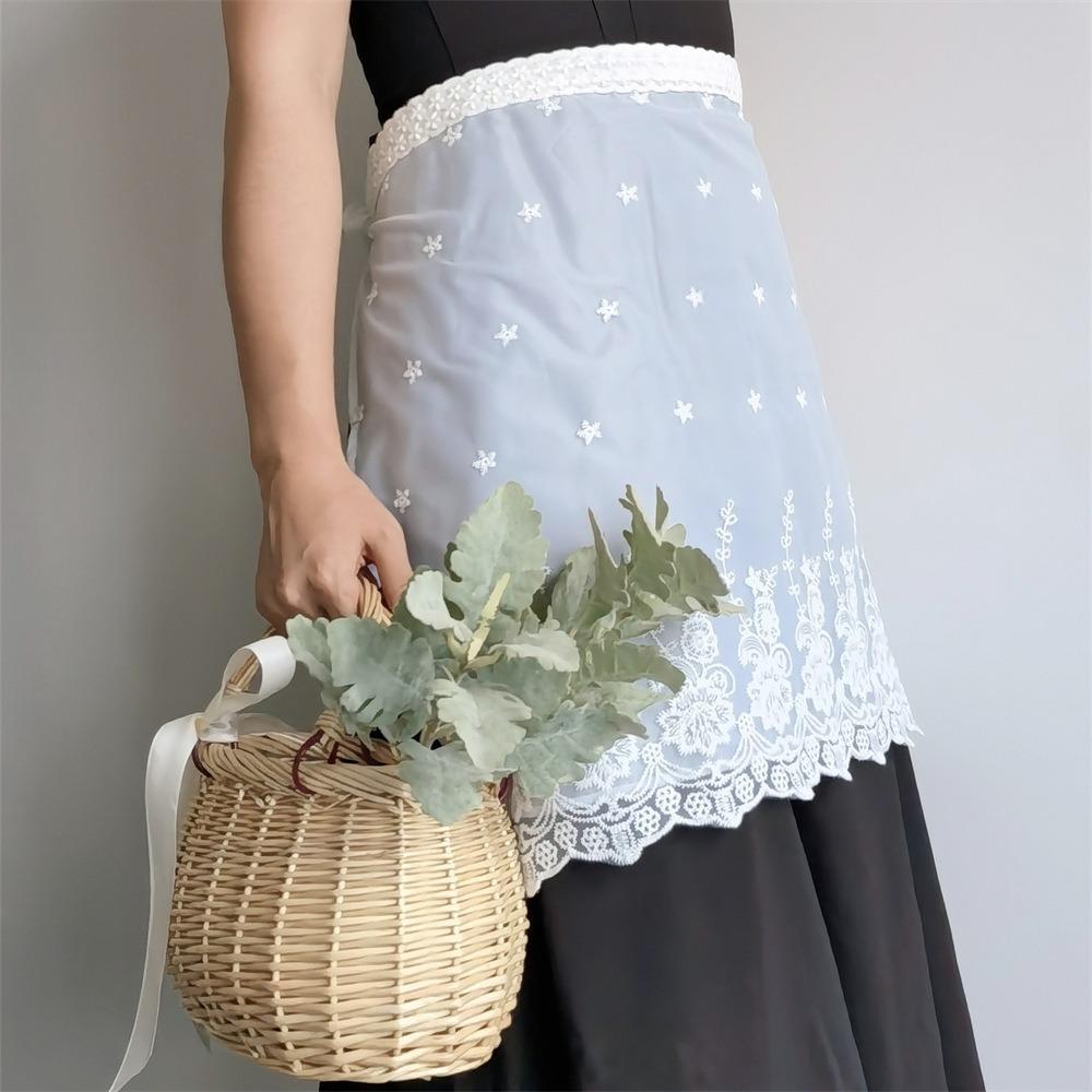 White Lace Embroidered Half Waist Apron Waterproof Cottagecore Kitchen Cooking Apron