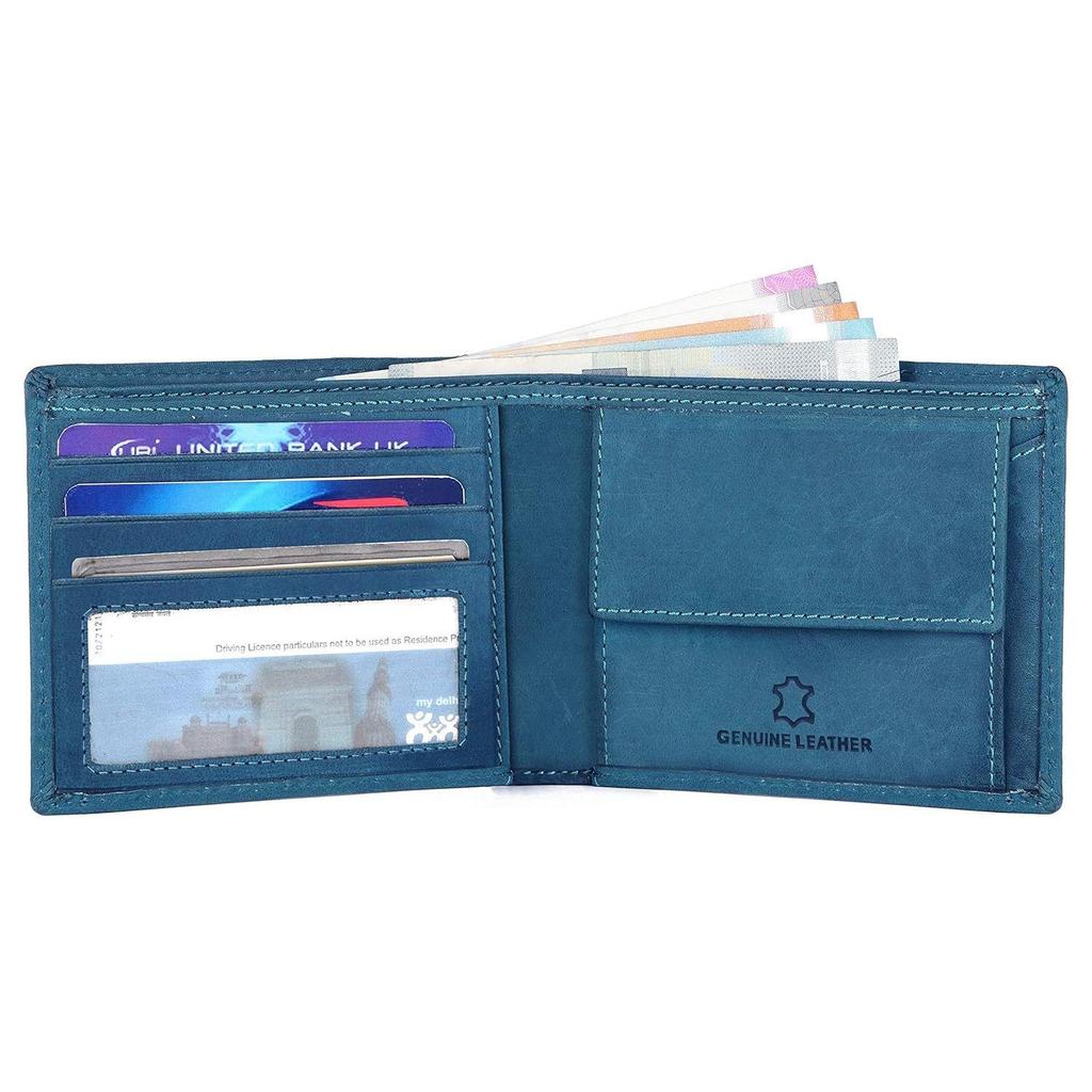 Leather Wallet for Men I Handcrafted I Credit/Debit Card Slots I 2 Currency Compartments I 2 Secret Compartments (Blue Hunter)