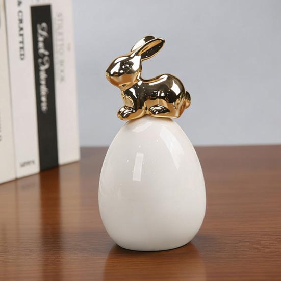 Easter Bunny Figurine Modern Ceramic Gold Rabbit On Egg Ornament for Spring Farmhouse Home Office Fireplace Tabletop Centerpiece