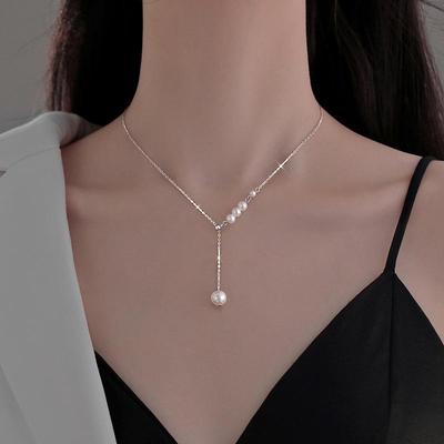 French Retro Silver S925 Pearl Clavicle Necklace with Adjustable Tassel