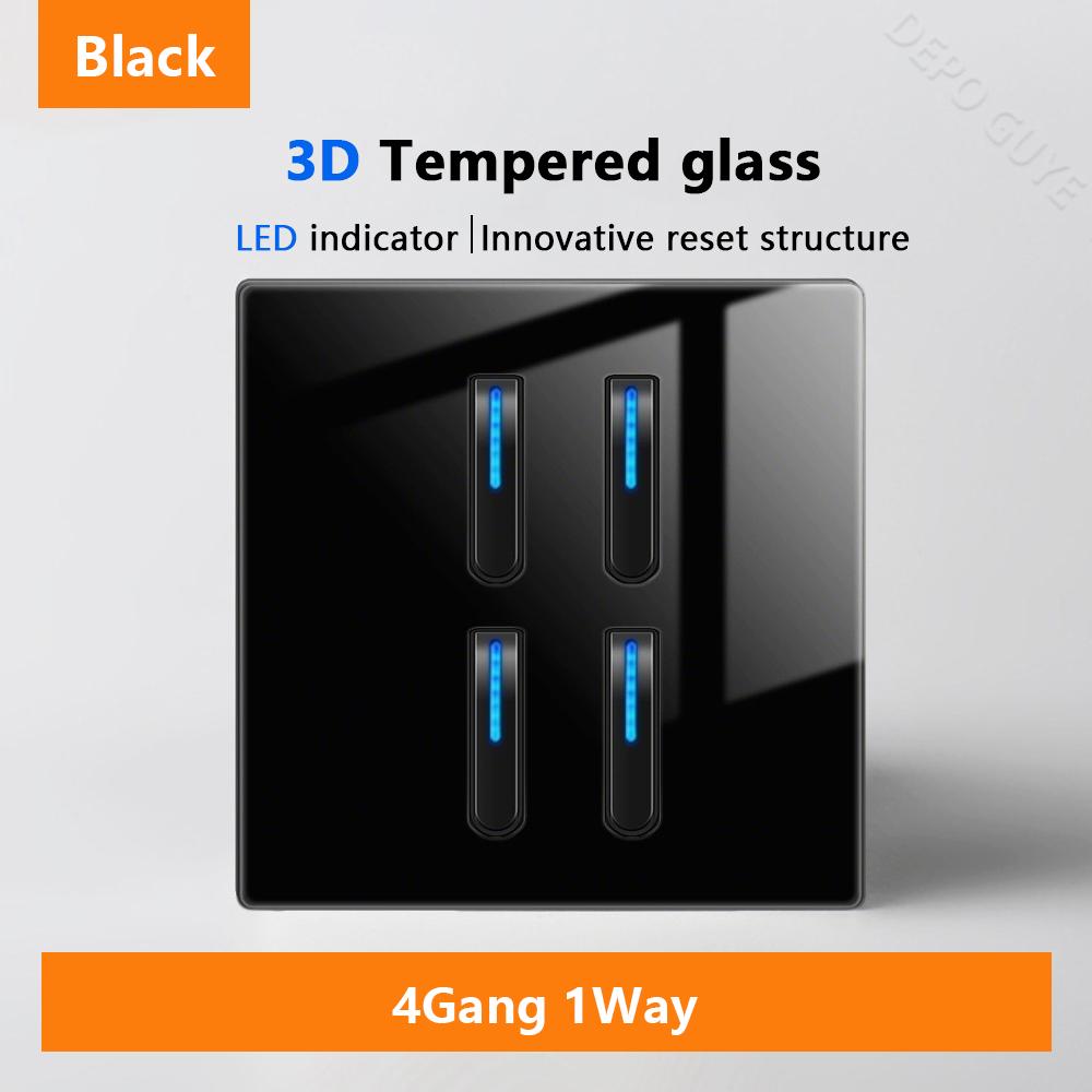 Luxury LED Indicator Light Switch Black Tempered Glass Piano Key Self-reset Wall switch,UK EU Universal USB C Electrical Socket
