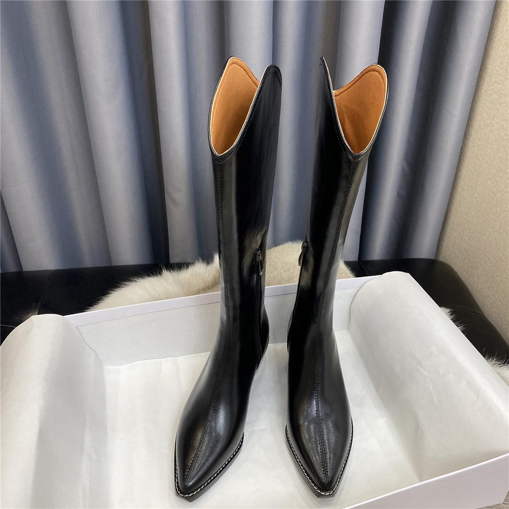 Cowhide Version~ Genuine Leather V-mouth Western Cowboy Boots Women's High-heeled Pointed Knight Boots Long Boots High Boots Zipper Long Boots