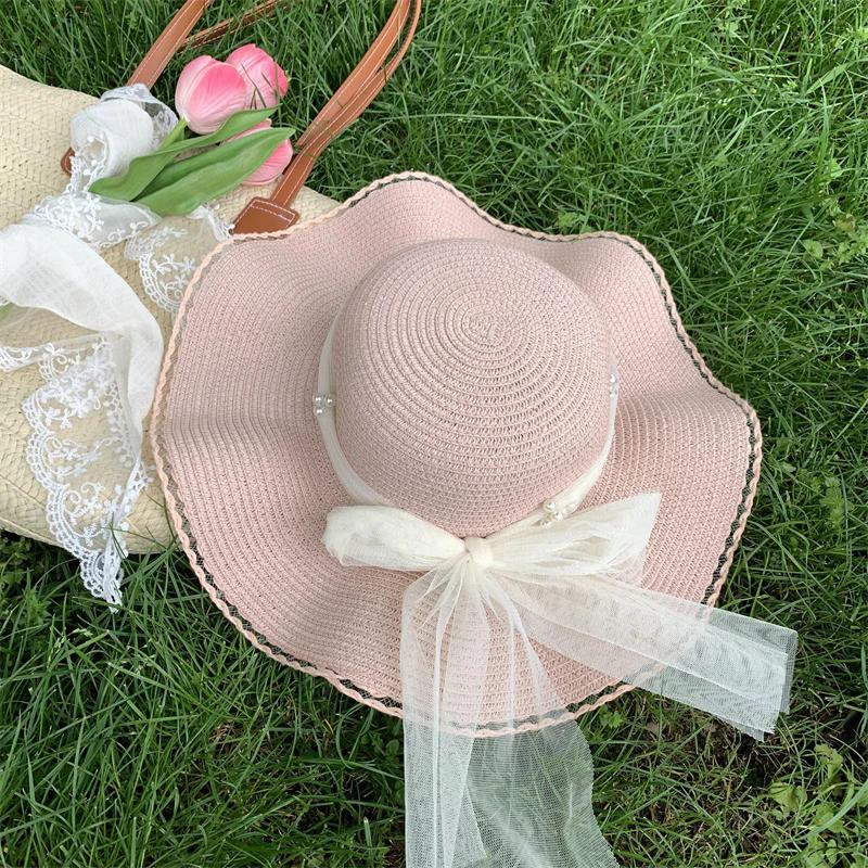 WTEMPO Lace Bow Pearls Solid Color Spring Summer Foldable Sunscreen Straw Hats Wide Brim Travel Beach Breathable Sun Hats