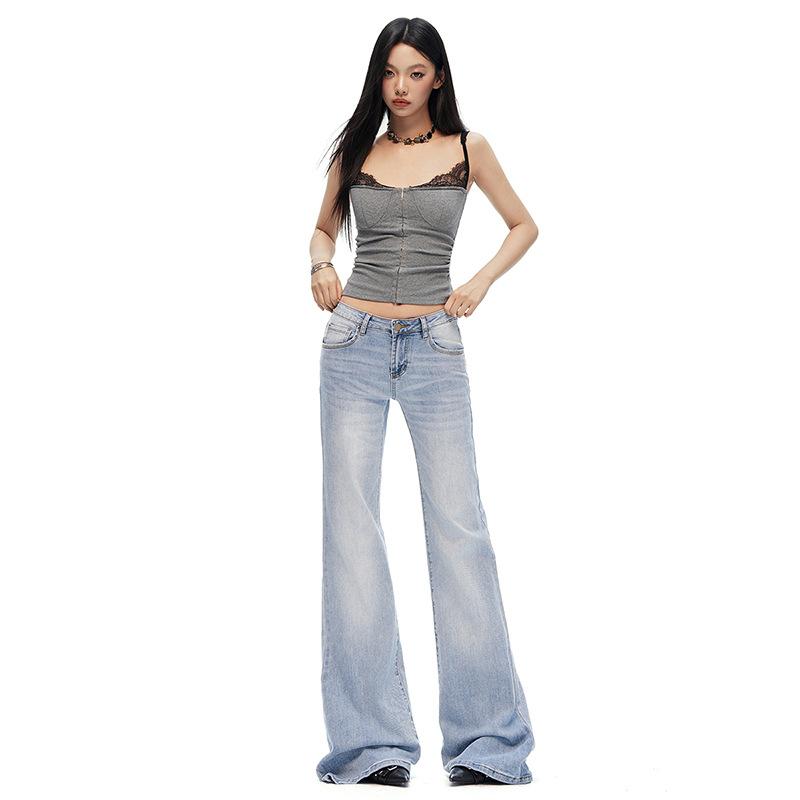American retro elastic low-rise Spice Girl micro-flared pants versatile and thin floor-mopping jeans women