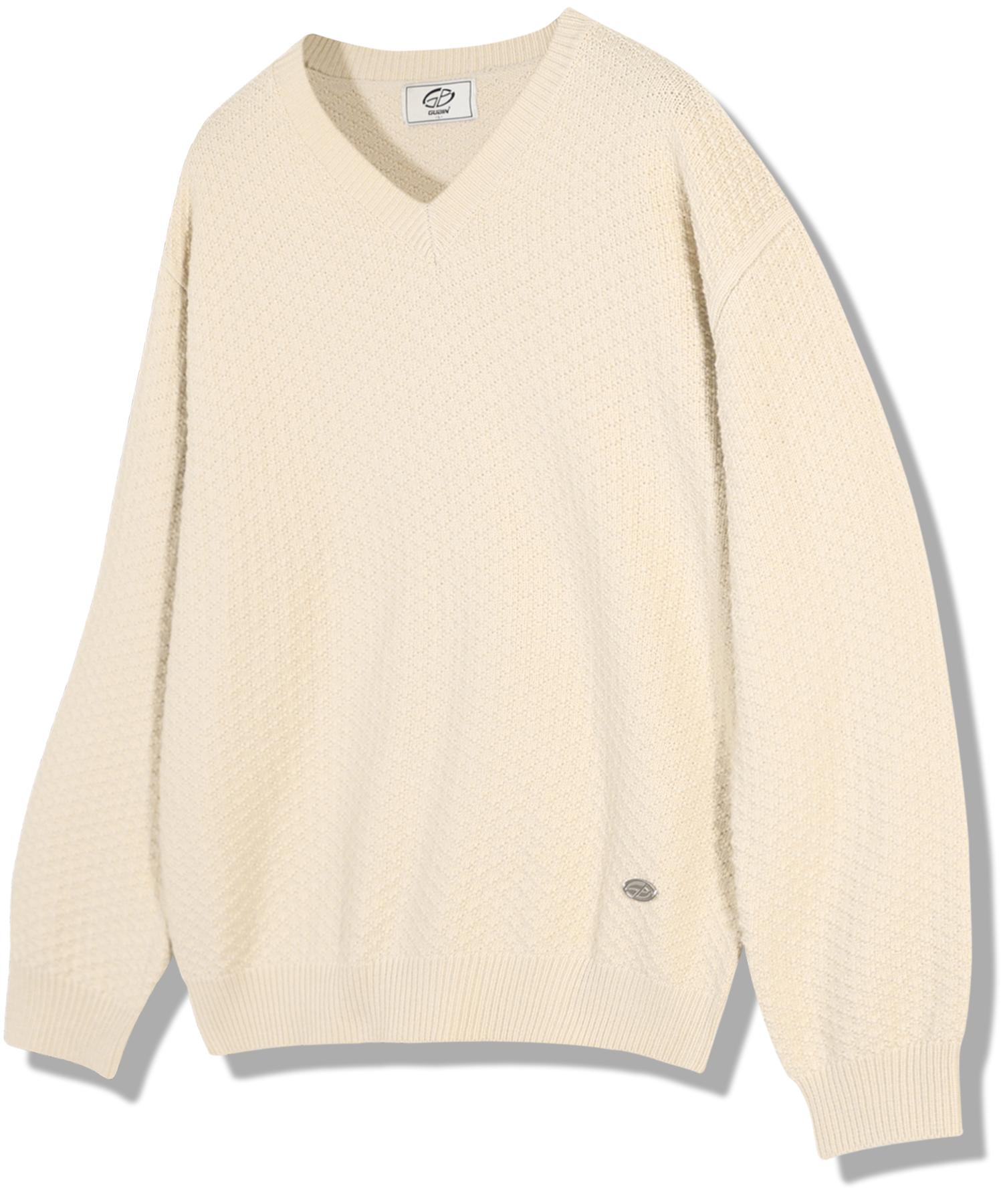 Goobin Retro Pattern V-Neck Knit - Ivory Ivory/M