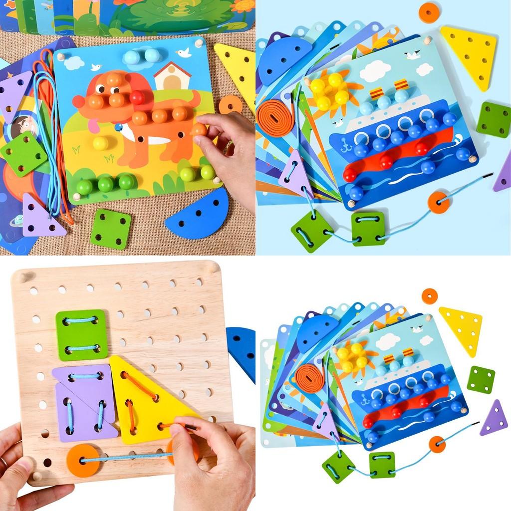 Kids Wooden Educational Threading Board With Mushroom Nail For Brain Development