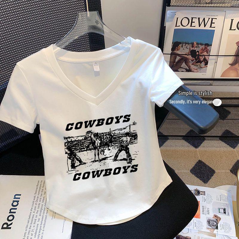 

Женская летняя хлопковая футболка с V-образным вырезом и короткими рукавами, облегающая, с принтом S (70-90 jin)