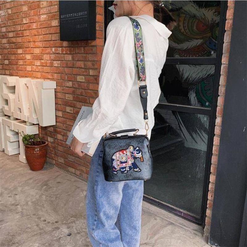 Tote Damenhandtaschen, Stickerei, Elefanten-Tasche, Taschen, böhmische Damen-Schulter-Crossbody-Tasche, weiches PU-Leder, breiter Schmetterlingsriemen
