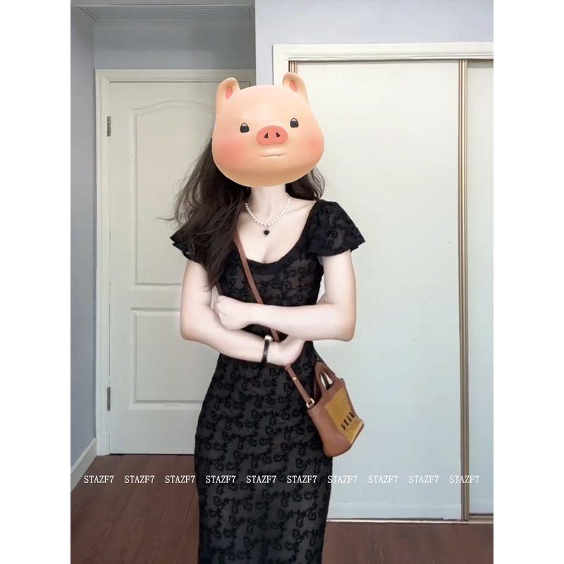 Youmeizi Stazf7 Plus Size Ladies French Pure Desire Flying Sleeve Dress Female Summer Elegance Retro Black Waist-Slimming Long Dress