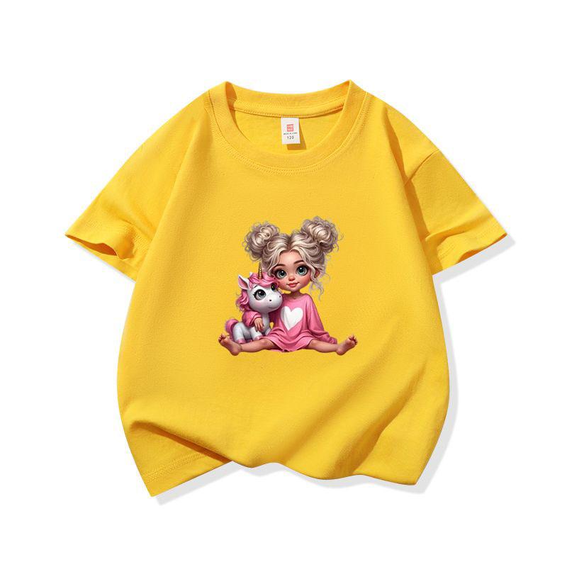 Kids Pure Cotton T Shirt Girl Sitting With Pink Unicorn Print Crew Neck Short Sleeve Tee Casual Boys Girls Summer Tops