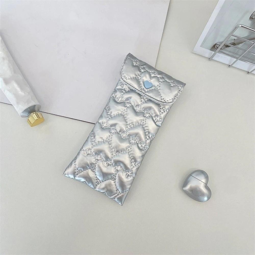 PU Bow Sunglasses Pouch Quilted Satin Heart Embossed Eyeglasses Storage Case Snap Button Portable Lightweight