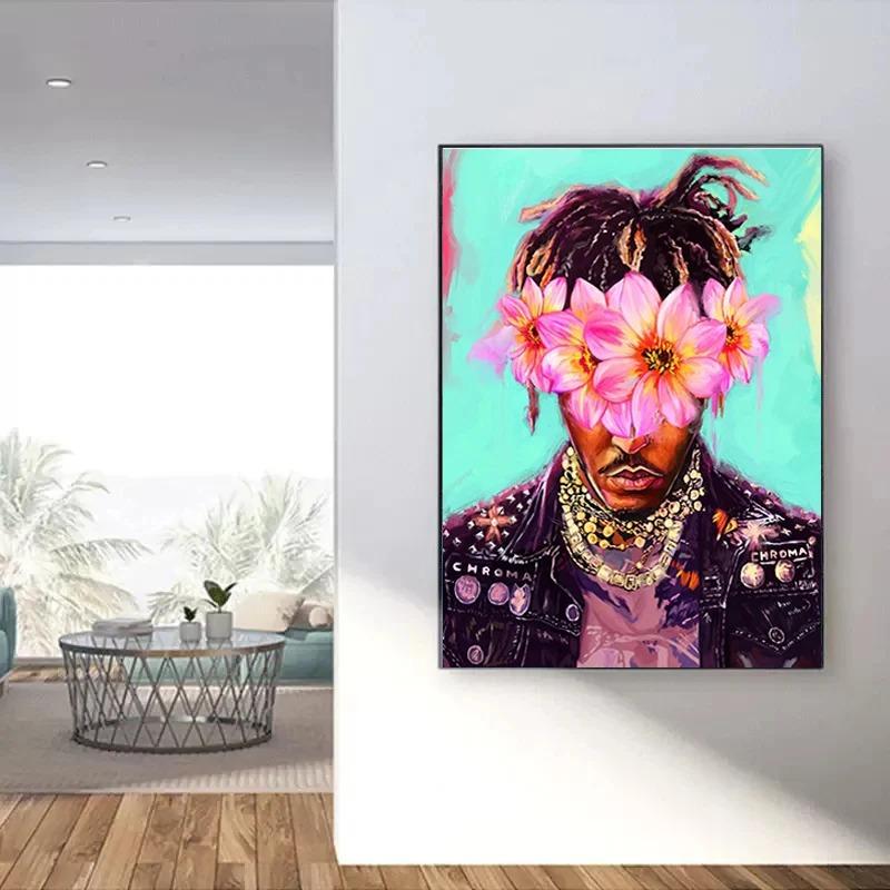 Famous Rapper Star Portrait with Flowers Canvas Painting Hip Hop Singers Abstract Art Posters Prints Wall Art Picture Home Decor