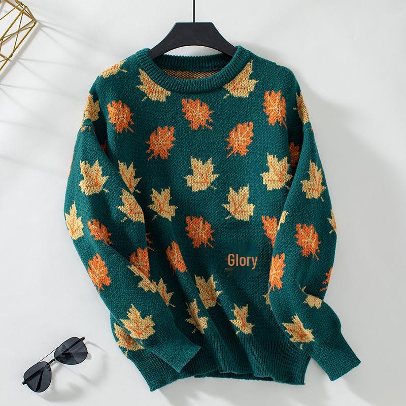 

Maple Leaf Jacquard Knit Sweater: Autumn/Winter, Round Neck, Long Sleeve, Loose Pullover for Women Extra Large темно-зеленого