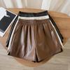 Kumikumi Design Women's PU Leather Wide-Leg Pants, High Waist, Elastic Waist, Autumn Style Slimming Shorts.