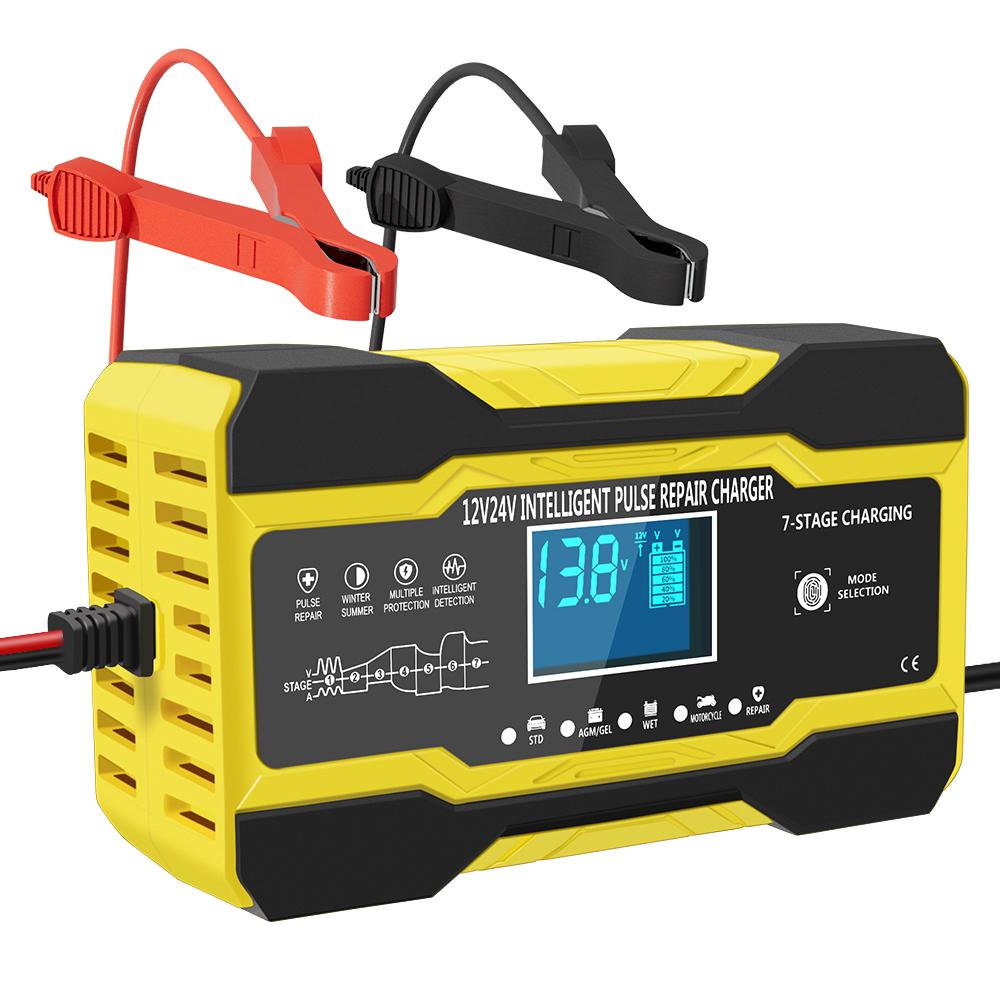 

12В/ 24В Полностью автоматическое зарядное устройство для автомобильного аккумулятора Мокрый Сухой Свинцово-кислотный аккумулятор Авто Мото Свинцовый Цифровой дисплей Зарядное устройство для аккумулятора Интеллектуальное жёлтый