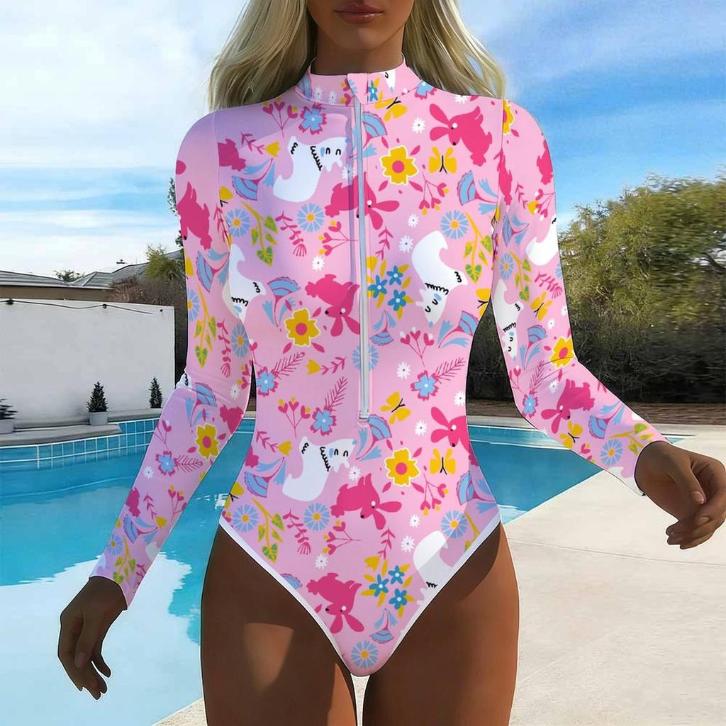 Women Long Sleeve One Piece Swimsuit Zip Front  Tie-dye Print Rash Guard Surfing Bathing Suit