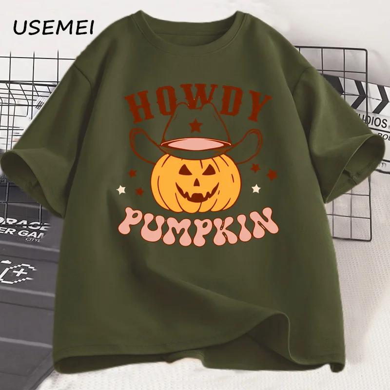 Howdy Pumpkin Graphic T Shirts Halloween T Shirt Fall Cotton Short Sleeve Printed Tshirt Unisex Retro Tees Streetwear Clothes