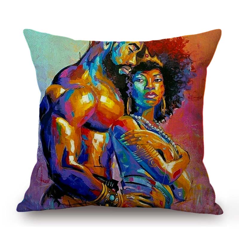 Exotic African Art Black Queen And King Oil Painting Cotton Linen Decoration Art Sofa Throw Pillow Case Car Seat Cushion Cover