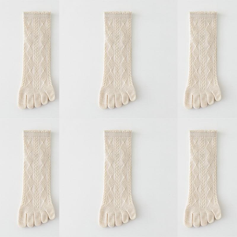 6 Pairs Women Spring and Autumn Pure Cotton Five Finger Socks Retro Solid Color Lace Striped Split Toe Socks Vintage Comfortable Socks