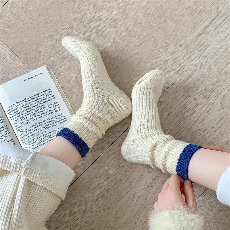 Color-Blocking Double-Needle Merino Wool Socks New Women'S Socks Thickened Warm Mid-Leg Socks Cold-Proof Socks