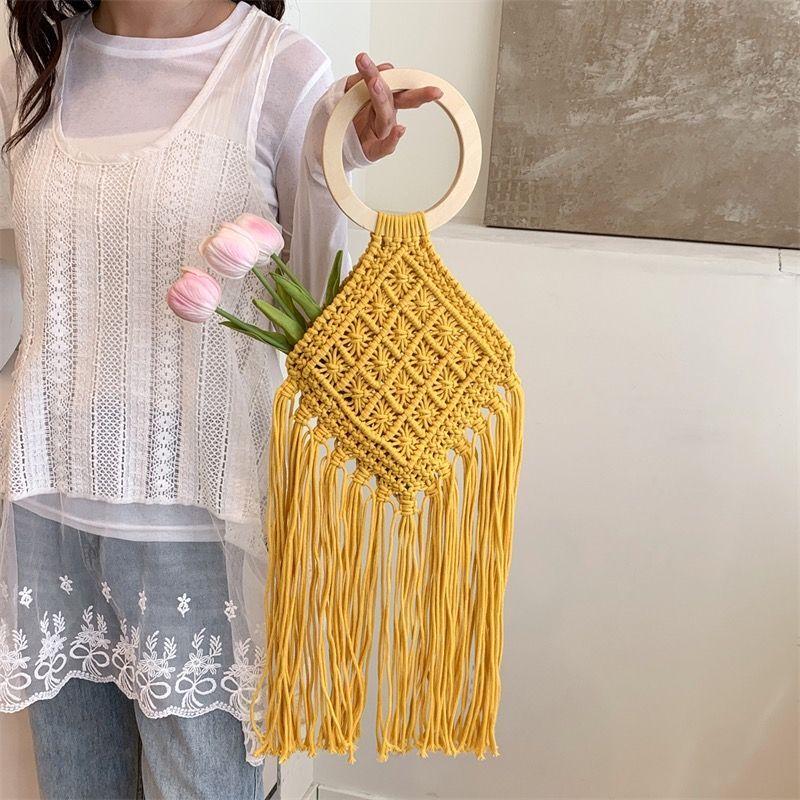 Bohemian Hand-woven Cotton Tassel Bag with Wood Handle