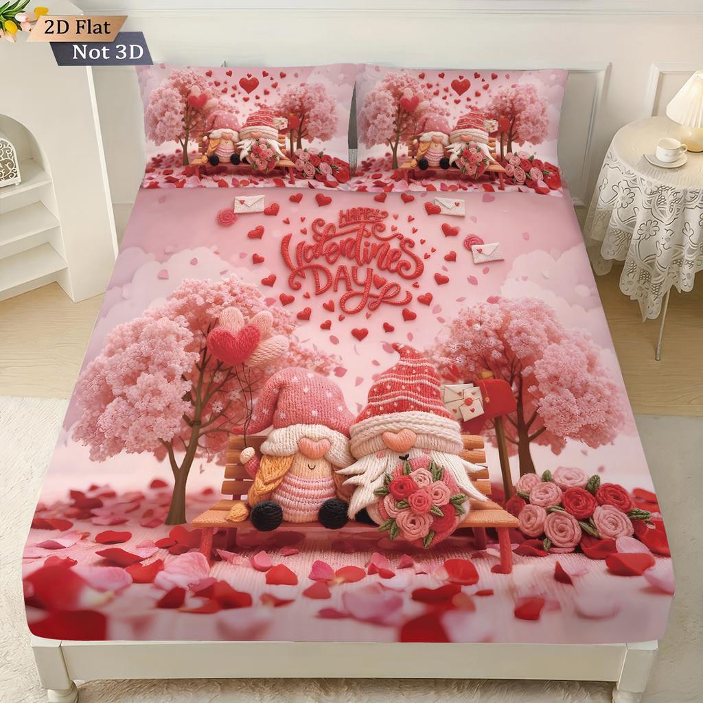 3pcs Valentine's Day Romantic Pink Love Gnome Print Coreless Bed Sheet Set Multi Size Bedroom Bedcover Holiday Decoration