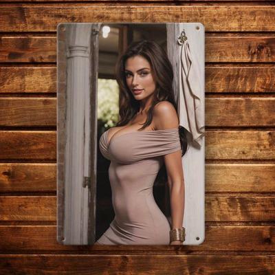 Vintage Metal Wall Art Decor Flame Design - Elegant Curved Female Logo for Home Bar Garage Cafe, Pre-Drilled Easy Hanging 8x1