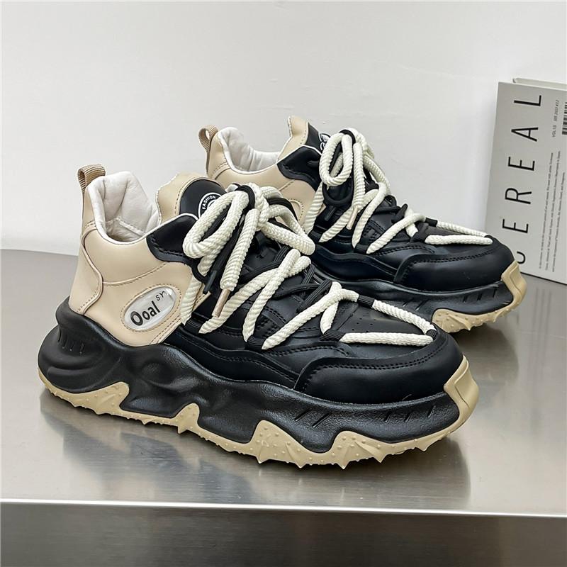 Fashion Chunky Sneakers Men Soft Sole Running Shoes Fashion Casual Leather Color Block Design Breathable Height Increased Platform Shoes
