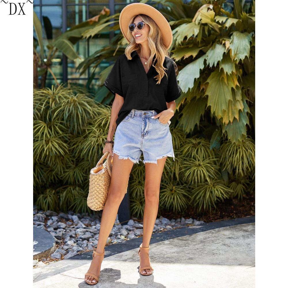 DX~Women's Cotton Linen Shirt Short Sleeved Henry Shirt Button Up V-neck Casual Work Top with Two Pockets
