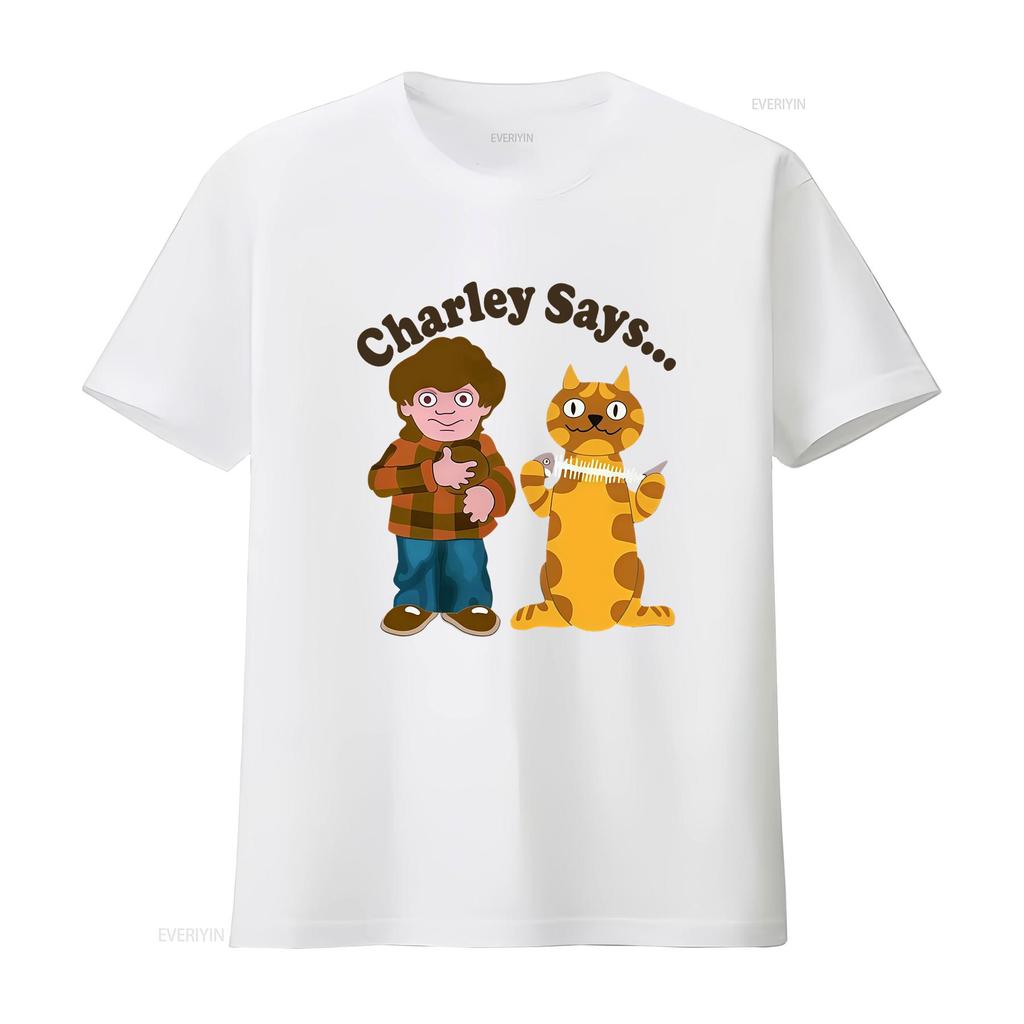 Charley Says Retro 70s Animation Boy Cat T Shirt Fun Nostalgic Design For All Ages Vintage Streetwear Stylish Versatile