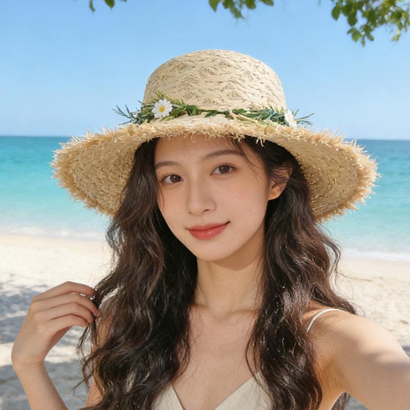 

Sunscreen wreath straw hat handwoven large brim sunscreen hat summer outing beach hat M（56-58cm）