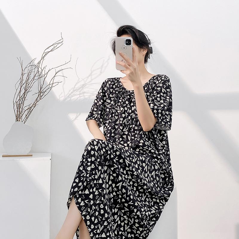 Cotton and Silk Nightgown Women's Summer Short-sleeved Thin New Chinese-style Printed Pajamas Internet Celebrity Live Broadcast Large Size Spring