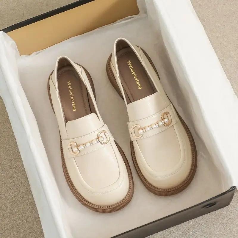 Low Heel Elegant Loafers Ladies Pumps Round Toe Women's Shoes Pearl Stylish on Sale Summer 2025 Spring Slip Luxury Brand Dress