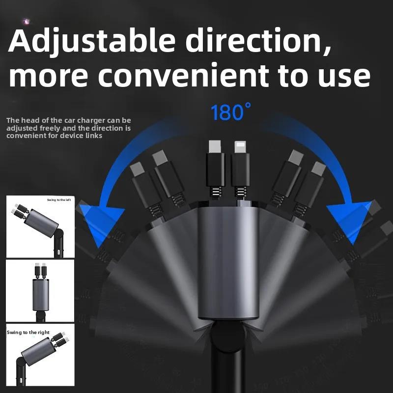 120W Metal Car Charger Super Fast Charging with Digital Display 4 Port Retractable Cable Multifunctional USB C Vehicle Charger