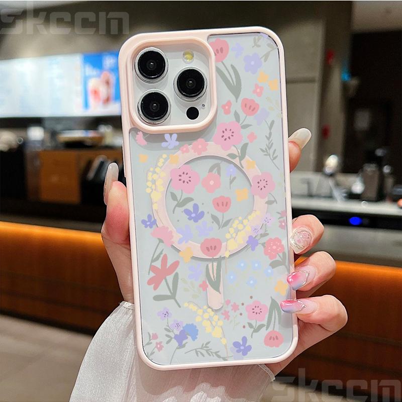 Niedliche Handyhülle mit Blumenmuster für iPhone 16 15 14 Pro Max 11 12 13 Pro 16E XS X XR Matt Magsafe Magnetische Drahtlose Ladeabdeckung