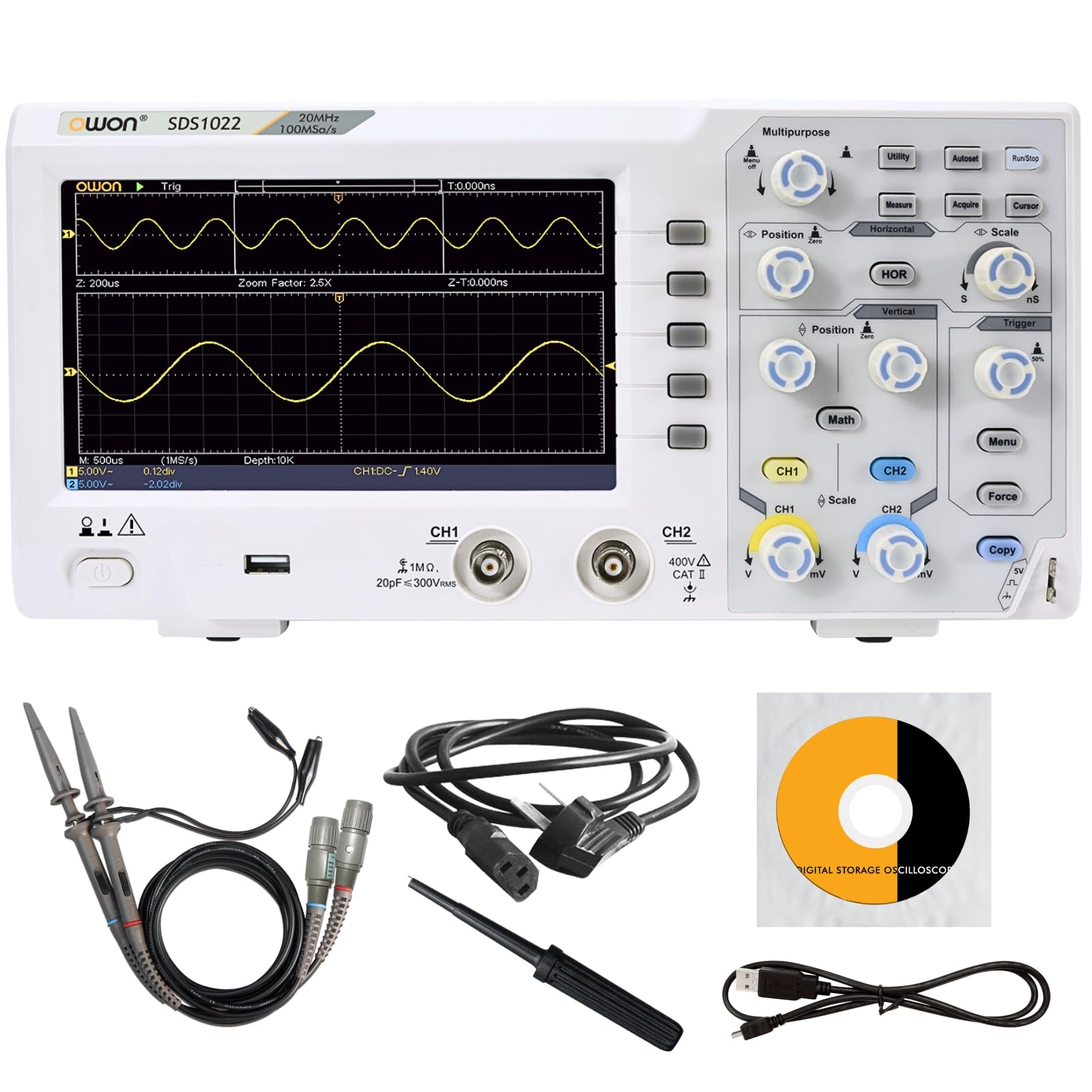 

OWON SDS1022 Digital LCD Sampling 20K SCPI Lightweight Benchtop Warranty Authorized Japanese Instruction Manual Included Oscilloscope, 2-Channel,