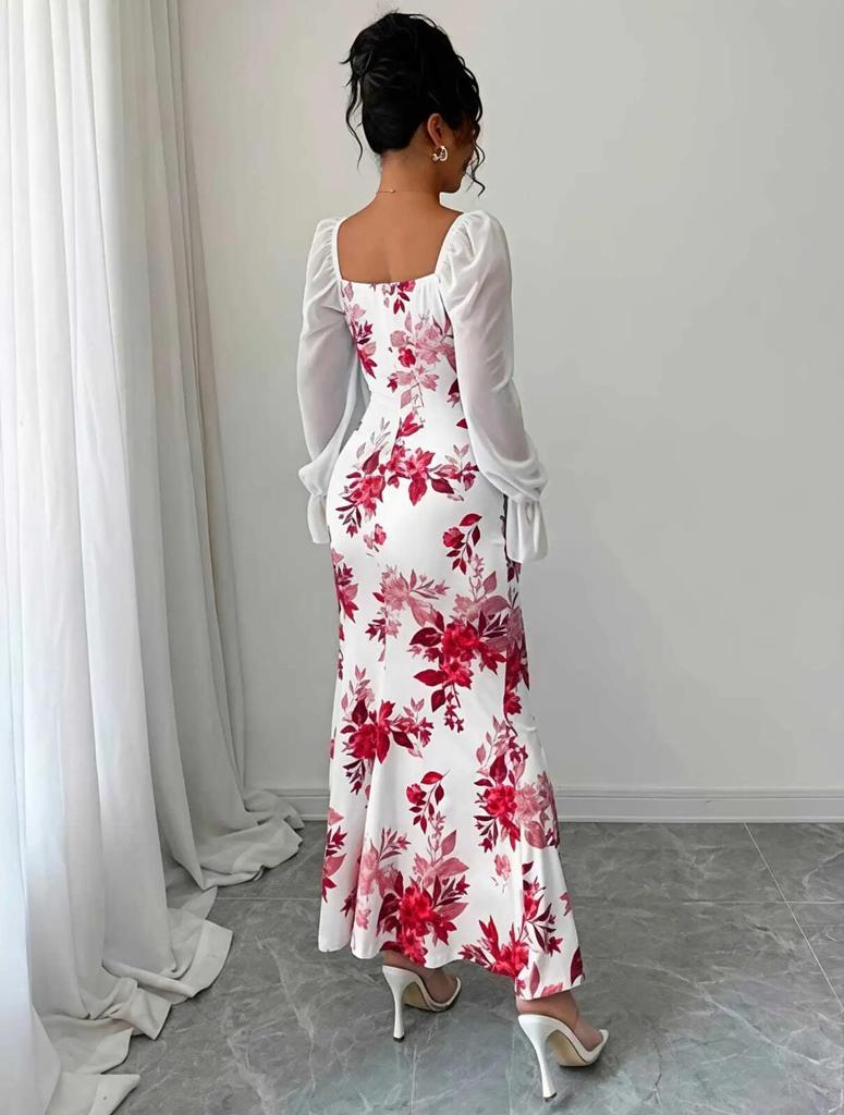 Women Fit and Flare White, Red Maxi/Full Length Dress