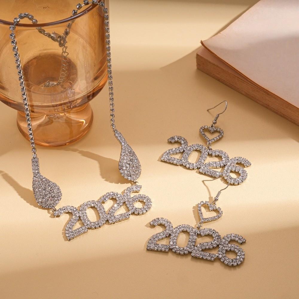 Rhinestone Happy New Year Earrings Aesthetic 2026 Necklace Trendy 2026 Jewelry Suit  Party