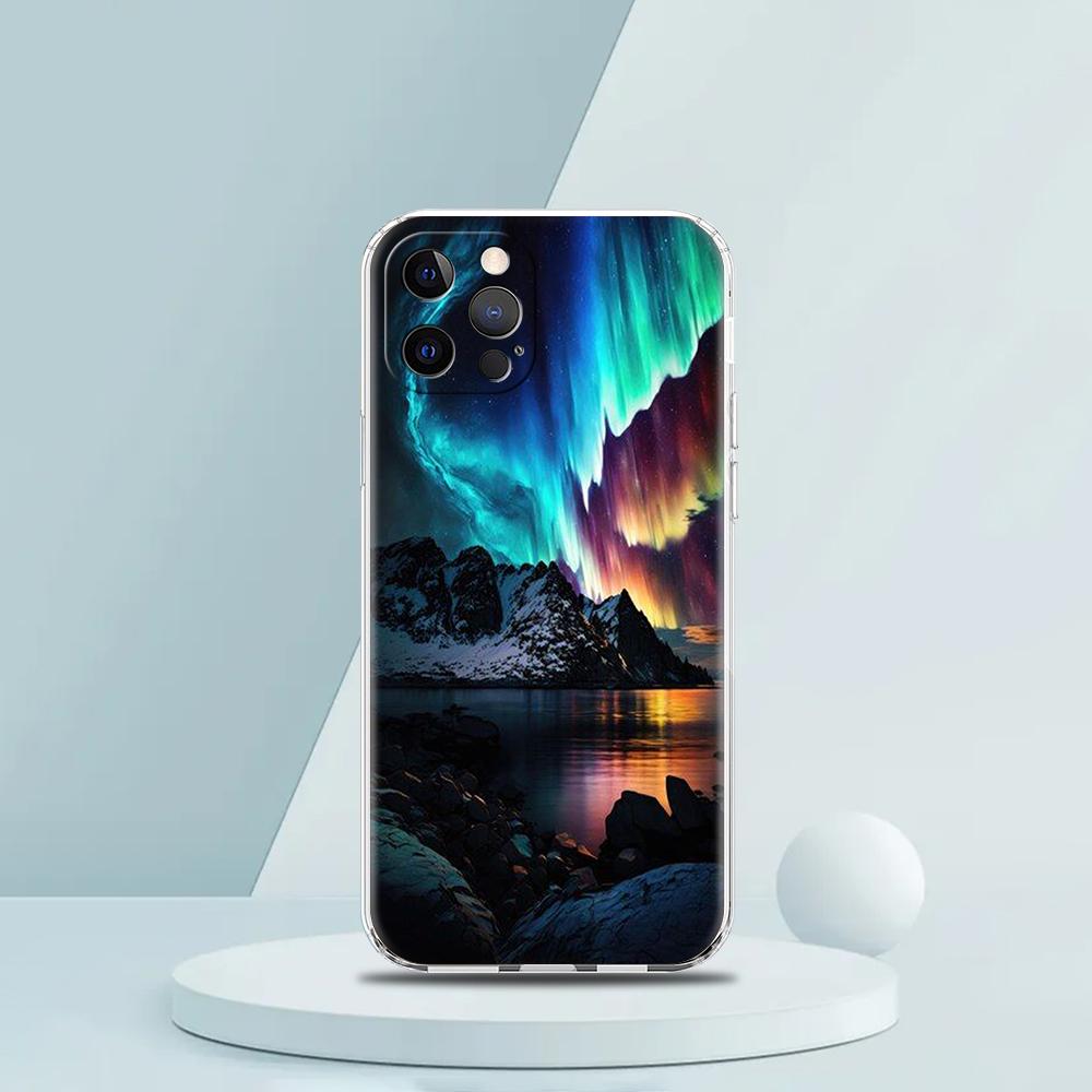 For iPhone 15 16 14 13 12 Mini 11 Pro Max XS X XR SE 7 8 Plus Silicone Clear Cover Beautiful Northern Lights Luxury Phone Case