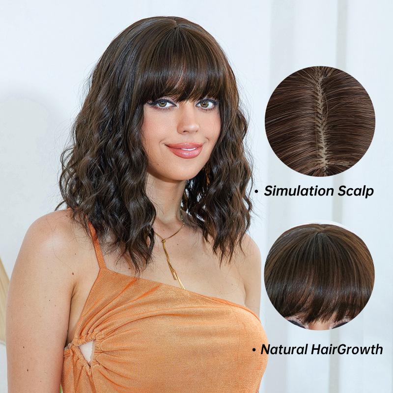 Short Black Brown Synthetic Wigs Bob Curly Wavy Wigs with Bangs Cosplay Party for Women Afro Natural Daily Heat Resistant Hair