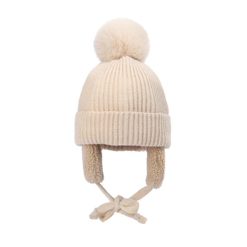 

Protector Plush Ball Face Protection Children Hat Ear Flaps Hat Korean Cap Baby Knitted Hat бежевый