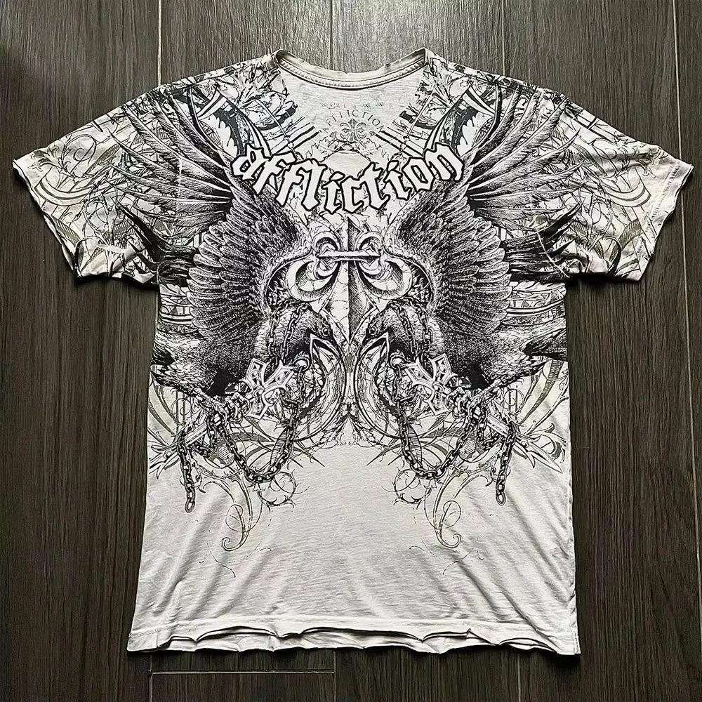 Herren 2000er Affliction Oversized T-Shirt Vintage Punk Hip Hop Grafikdruck Rundhals Baumwolle Kurzarm Oberteil M gray