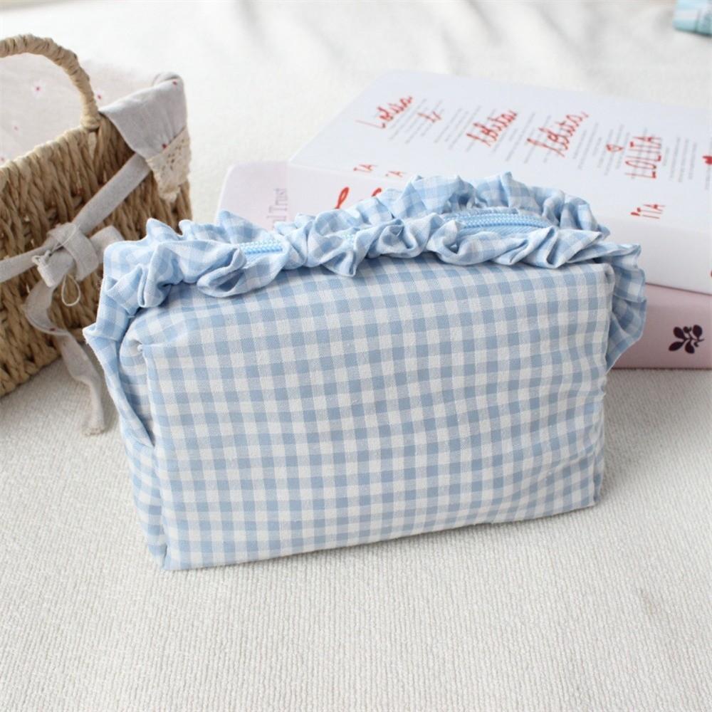 Gingham Plaid Ruffle Edge Makeup Bag Large Capacity Toiletry Bag Plaid Pattern Cosmetic Bag  Travel