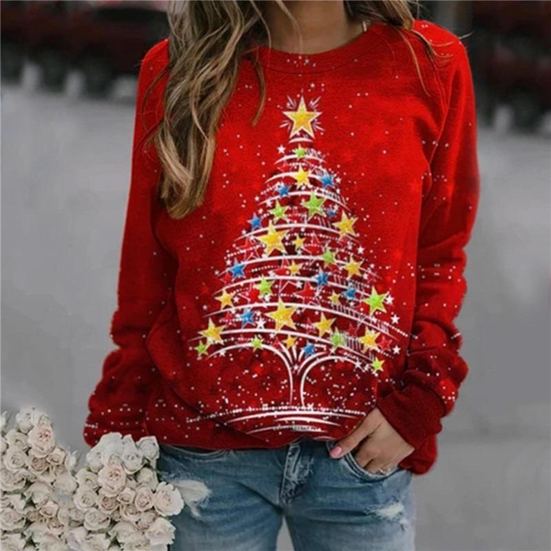 Christmas Tree Pattern Women Fashion Red T-Shirts Autumn Winter Long Sleeve S